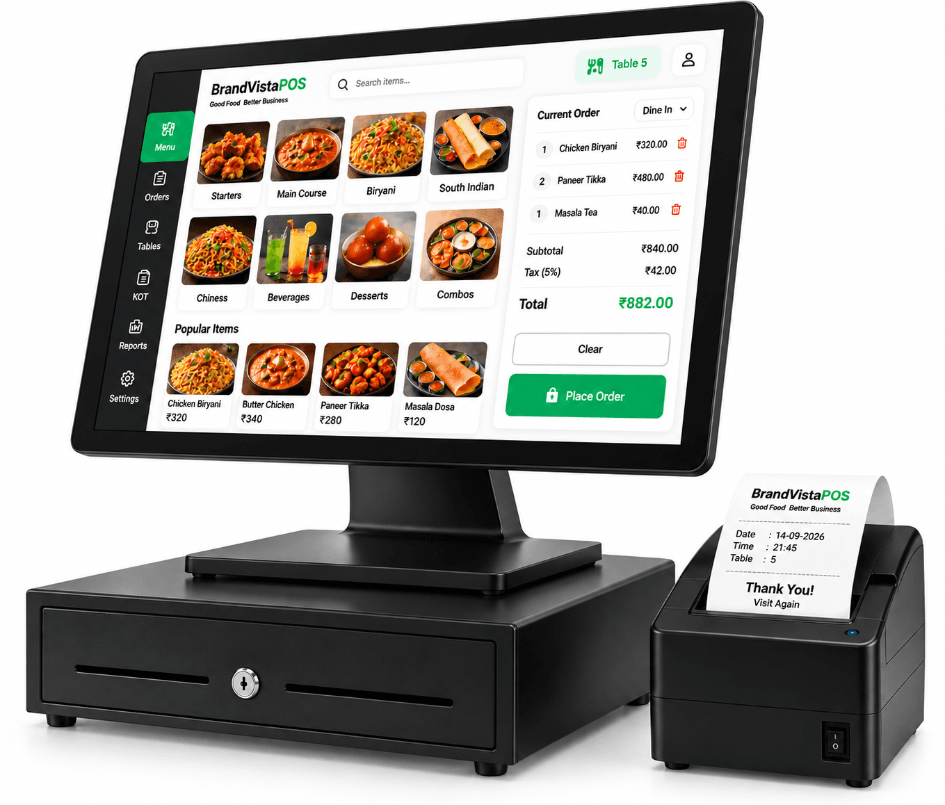 BrandVistaPOS restaurant POS terminal with menu display, receipt printer, and cash drawer